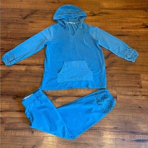Soft Surroundings Matching Set M/L Blue Gauze Joggers Hooded Top NEW